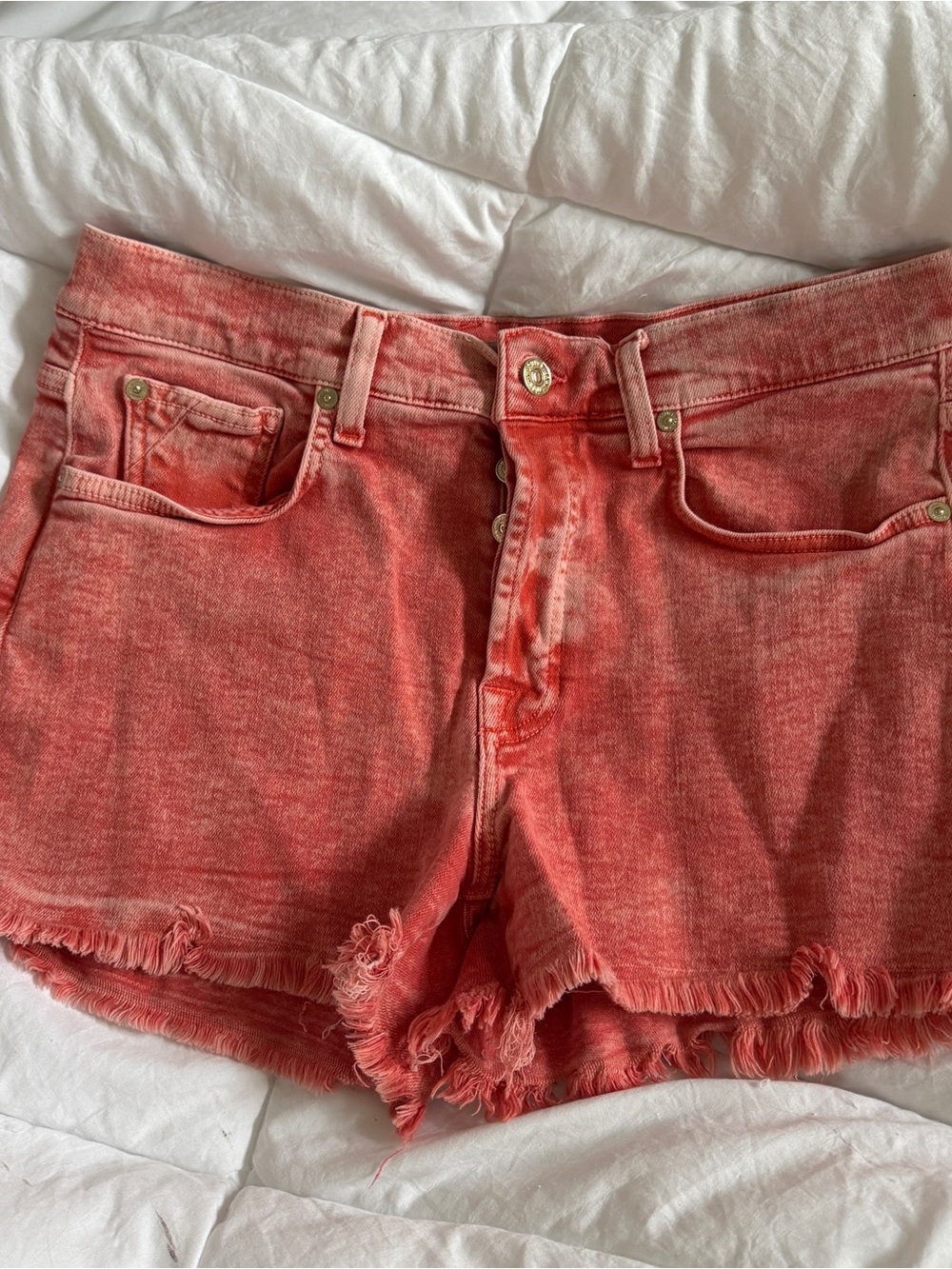 7 For All Mankind Monroe Cut-Off Shorts Coral Pink Frayed High Rise Denim